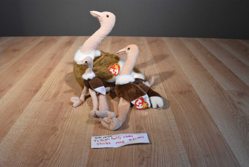Ty Beanie Buddy 1998, Baby 1997 and Teenie Beanie Stretch Ostriches Beanbag Plushes
