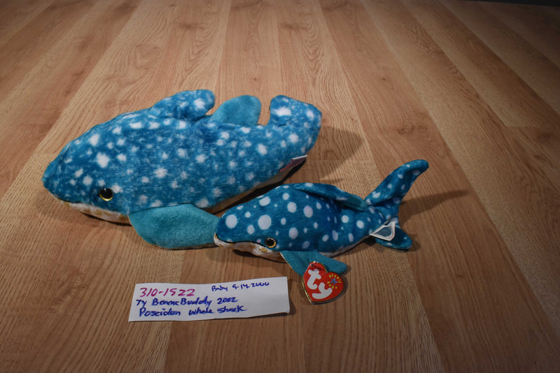 Ty Beanie Buddy 2002 and Baby 2000 Poseidon Whale Shark Beanbag Plushes