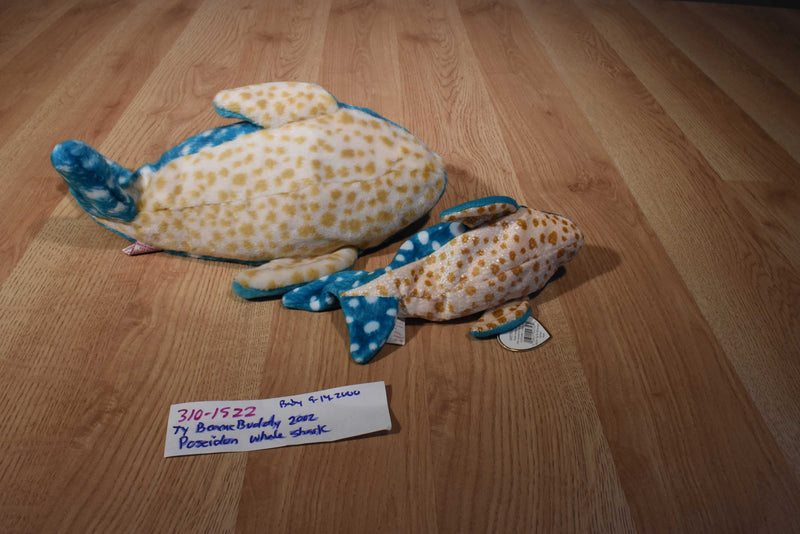 Ty Beanie Buddy 2002 and Baby 2000 Poseidon Whale Shark Beanbag Plushes