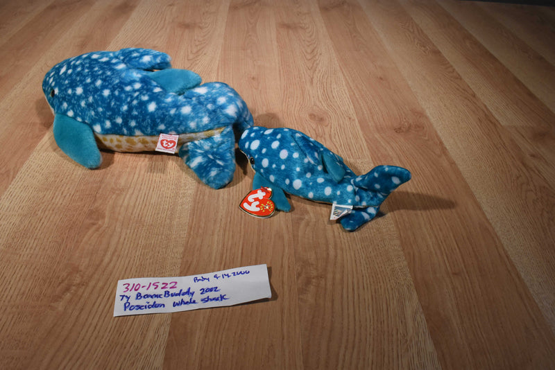 Ty Beanie Buddy 2002 and Baby 2000 Poseidon Whale Shark Beanbag Plushes