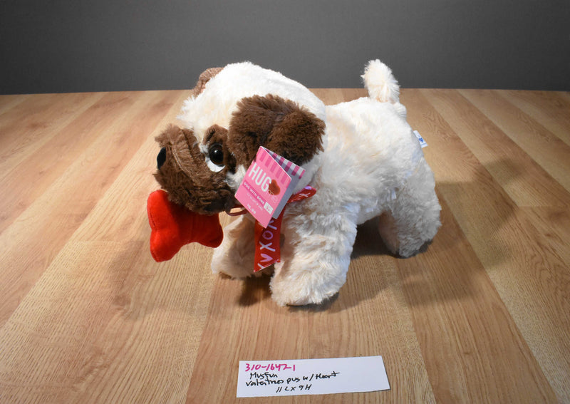 Hugfun Valentines Pug Dog Holding a Red Bone Plush