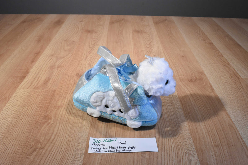 Aurora Fancy Pals Bichon Maltese Poodle Plush in Blue Carrier Bag