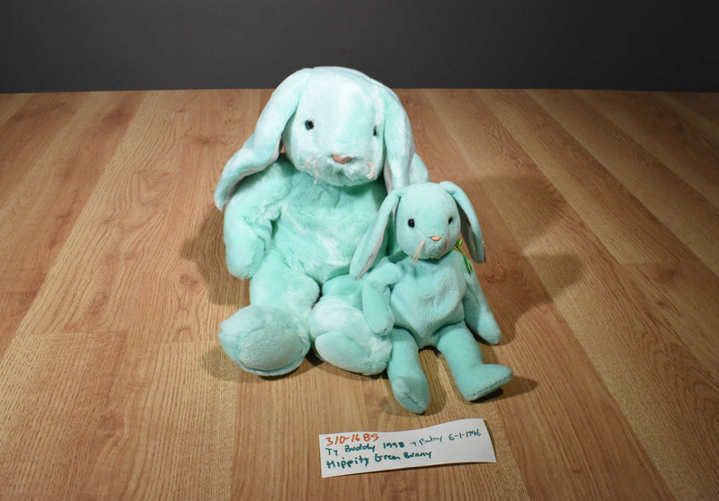 Ty Buddies 1998 and Babies 1996 Hippity Green Bunny Rabbit Beanbag Plush