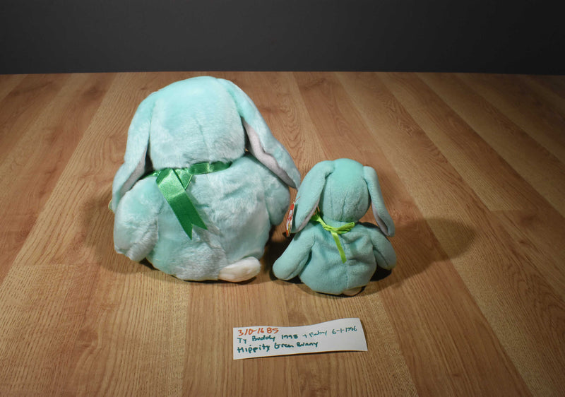 Ty Buddies 1998 and Babies 1996 Hippity Green Bunny Rabbit Beanbag Plush