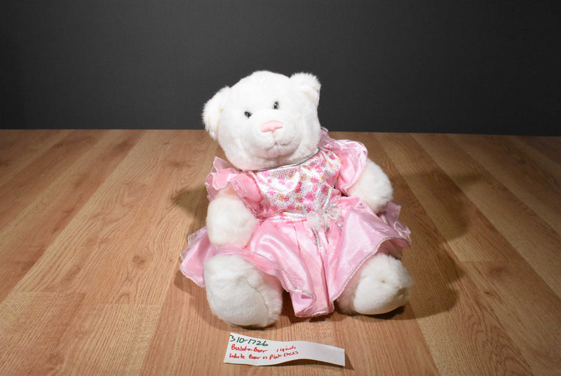 Build a Bear White and Pink  Bear Beanbag Plush in a Pink Dress