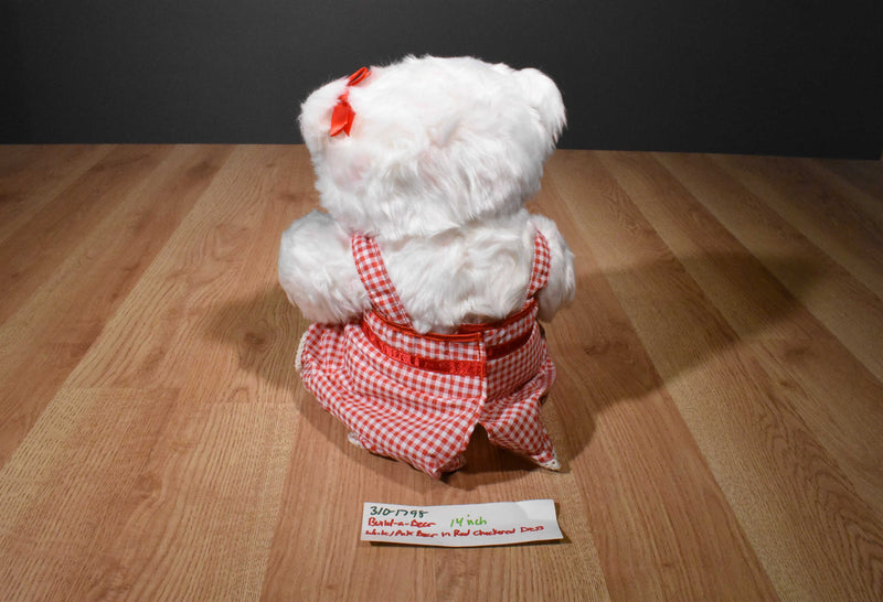 Build a Bear White and Pink Bear Plush Wearing Red Checkered Dress