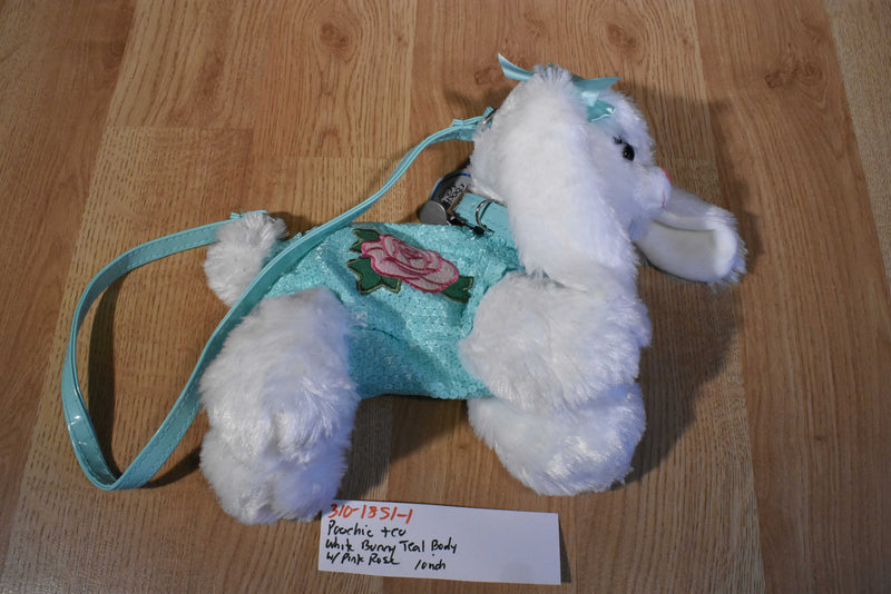 Poochie & Co. White Bunny Rabbit Bag Purse With Teal Sequin Body with Pink Rose