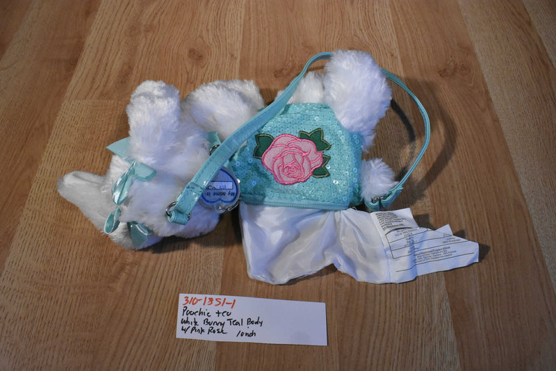 Poochie & Co. White Bunny Rabbit Bag Purse With Teal Sequin Body with Pink Rose