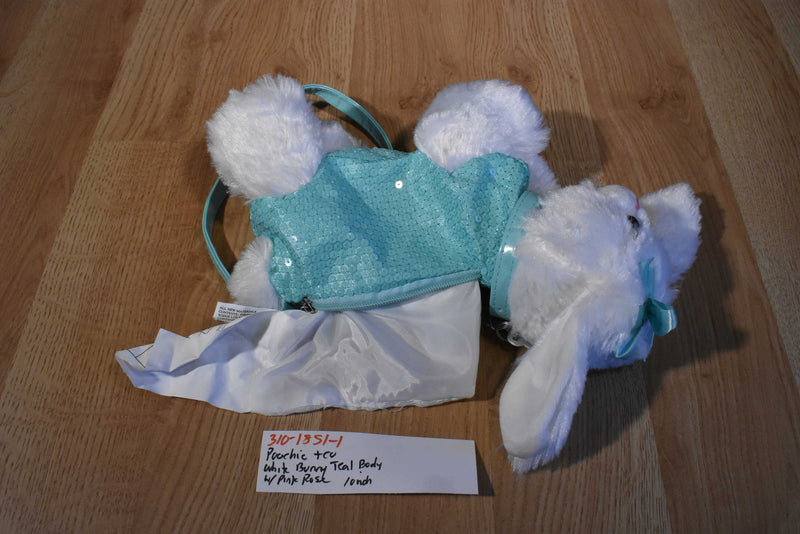 Poochie & Co. White Bunny Rabbit Bag Purse With Teal Sequin Body with Pink Rose