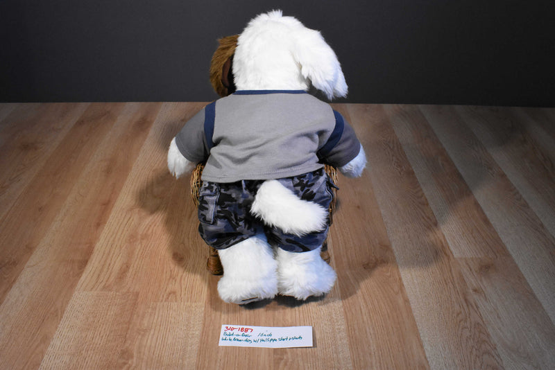 Build-A-Bear White and Brown Dog Beanbag Plush in Halfpipe Shirt and Camo Shorts