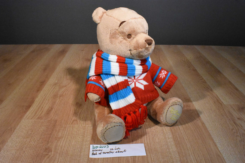 Disney Store Christmas Pooh 2008 Plush Wearing Sweater and Scarf