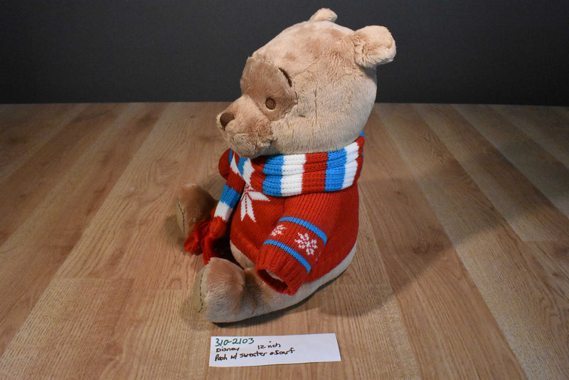 Disney Store Christmas Pooh 2008 Plush Wearing Sweater and Scarf