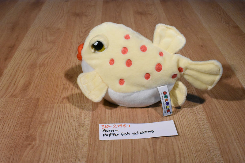 Aurora Yellow and White Pufferfish Beanbag Plush With Orange Spots