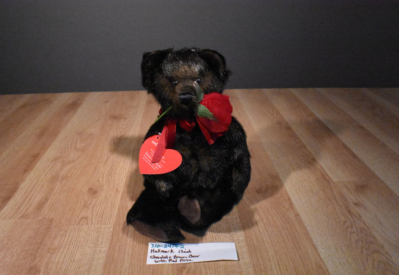 Hallmark Chocolate Brown Teddy Bear with Red Rose Beanbag Plush