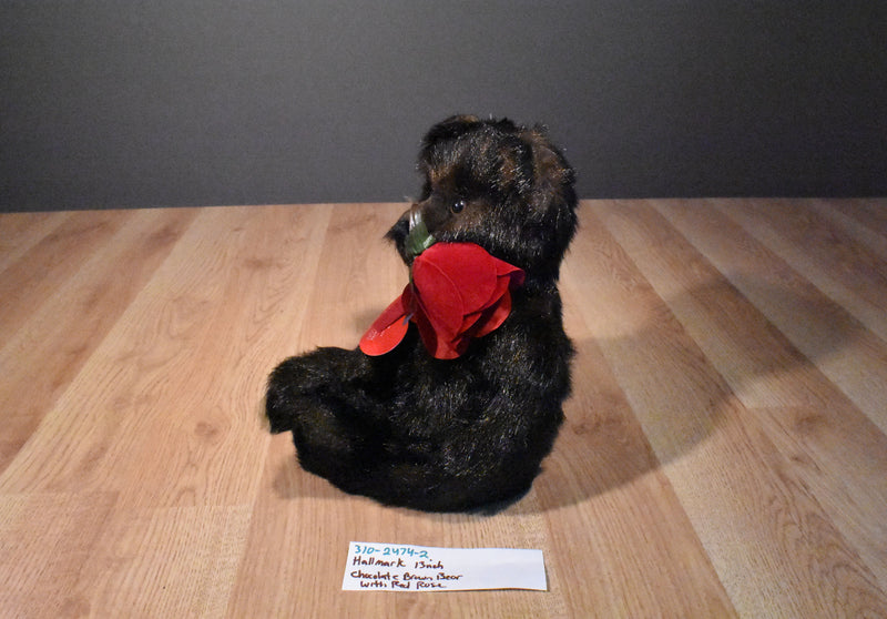 Hallmark Chocolate Brown Teddy Bear with Red Rose Beanbag Plush