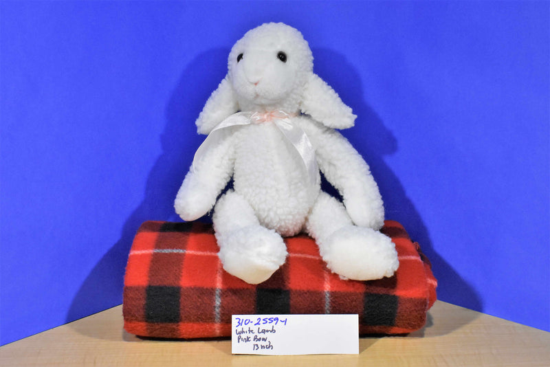 White Lamb With Pink Bow Beanbag Plush