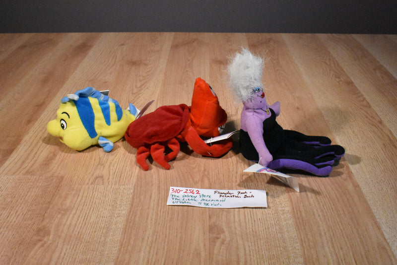 Disney Store Little Mermaid Flounder Sebastion Ursula Beanbag Plushes