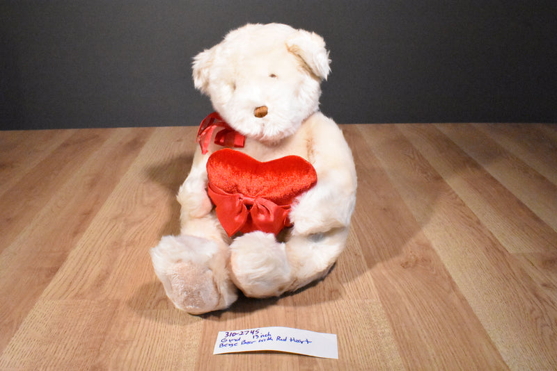 Gund Beige Bear Beanbag Plush with a Red Heart with a Pocket