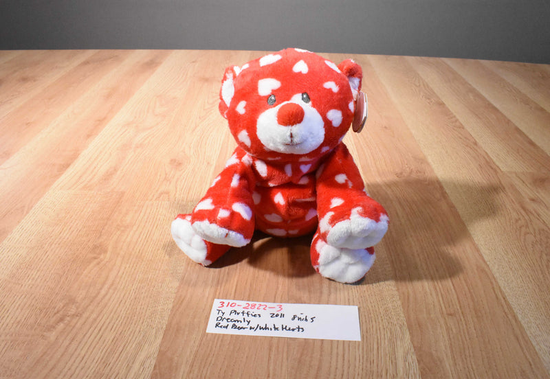 Ty Pluffies Dreamly Red Bear With White Hearts 2011 Beanbag Plush