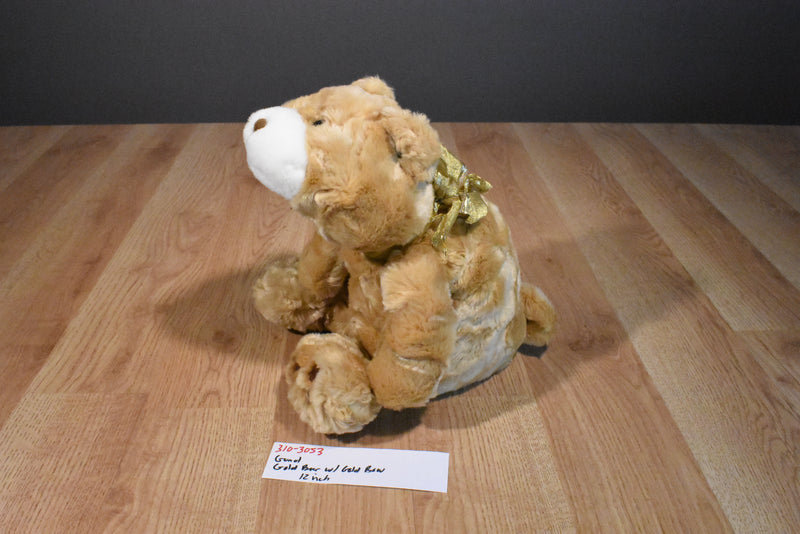 Gund Snuffles Beige and White Bear Beanbag Plush Wearing a Gold Bow