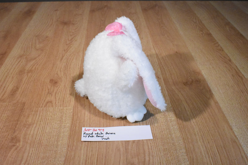 White Round Bunny Rabbit Beanbag Plush Wearing a Pink Bow
