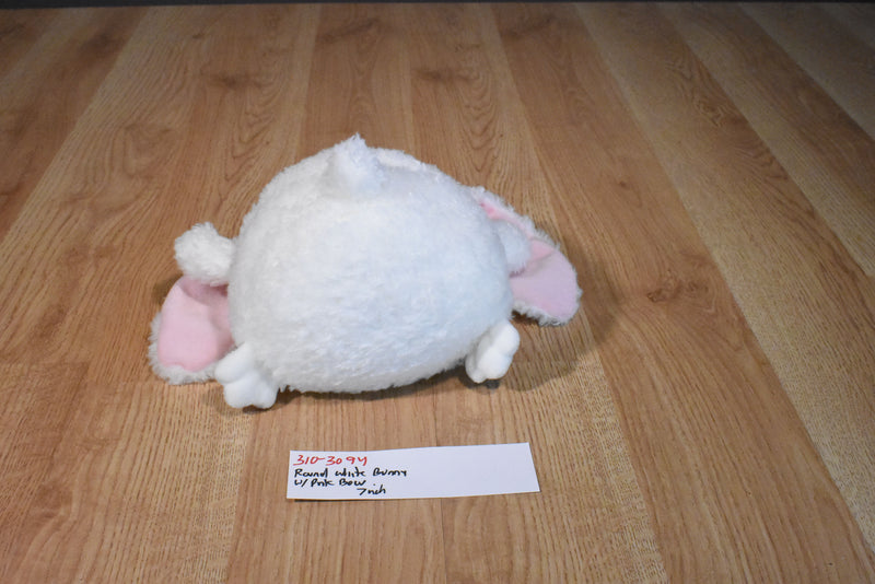 White Round Bunny Rabbit Beanbag Plush Wearing a Pink Bow