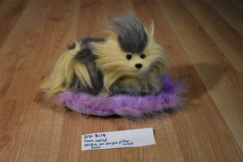 Nova World Gray and Beige Yorkshire Terrier Plush on a Purple Pillow
