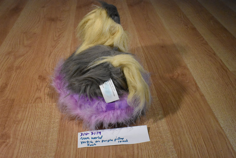 Nova World Gray and Beige Yorkshire Terrier Plush on a Purple Pillow