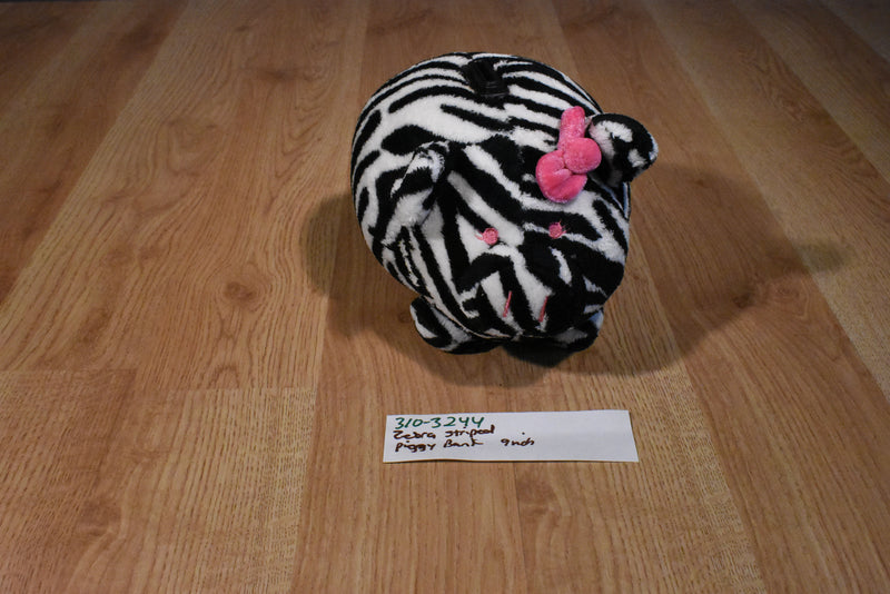 Zebra Striped Piggy Plush Bank with Pink Eyes and Bow