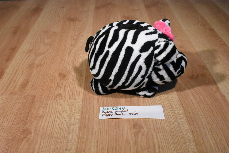 Zebra Striped Piggy Plush Bank with Pink Eyes and Bow