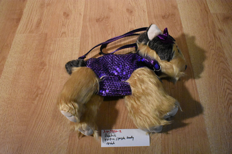 Poochie & Co. Beige and Gray Yorkshire Terrier in Purple Sequins Bag/Purse