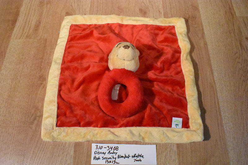 Disney Baby Pooh Red and Yellow Security Blanket With Rattle