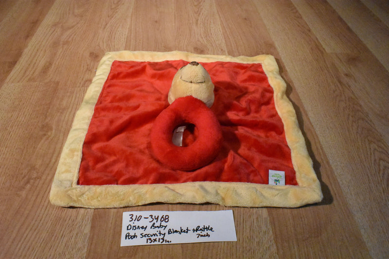 Disney Baby Pooh Red and Yellow Security Blanket With Rattle