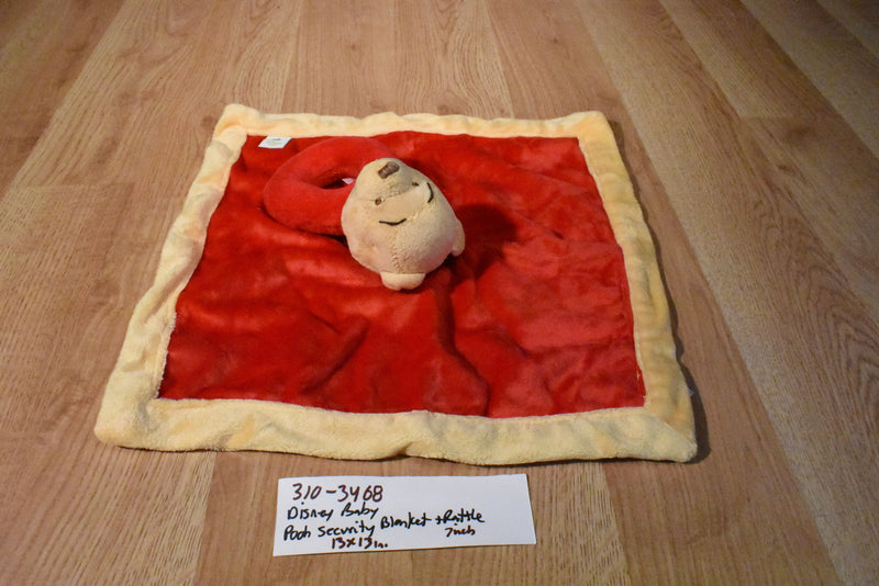 Disney Baby Pooh Red and Yellow Security Blanket With Rattle