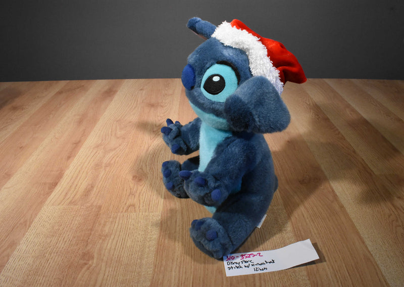 Disney Store Blue Stitch Plush Wearing a Red Stocking Hat