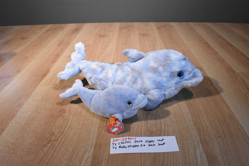 Ty Classic Dipper and Baby Clipper 2.0 Blue Dolphin Beanbag Plush