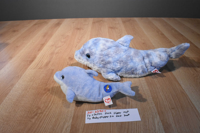 Ty Classic Dipper and Baby Clipper 2.0 Blue Dolphin Beanbag Plush