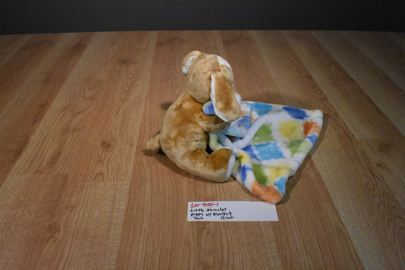 Little Miracles Brown and White Puppy Dog with Colored Square Patch Security Blanket