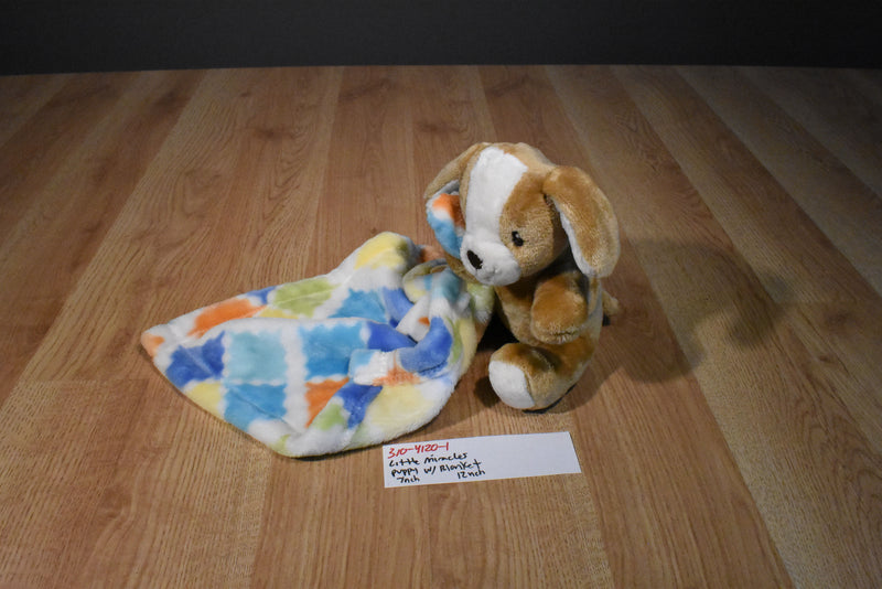 Little Miracles Brown and White Puppy Dog with Colored Square Patch Security Blanket
