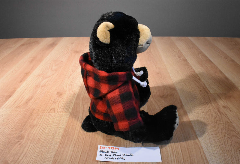 Black Bear Beanbag Plush Wearing a Red Plaid Hoodie