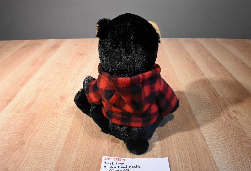 Black Bear Beanbag Plush Wearing a Red Plaid Hoodie