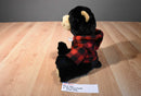 Black Bear Beanbag Plush Wearing a Red Plaid Hoodie