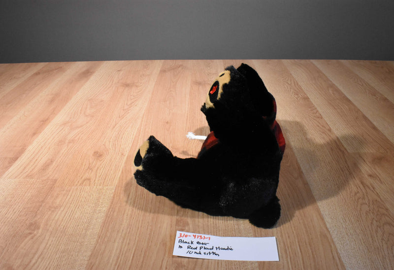 Black Bear Beanbag Plush Wearing a Red Plaid Hoodie