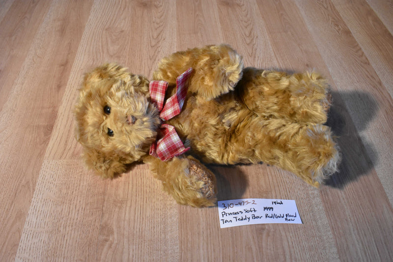 Princess Soft Tan Teddy Bear 1999 Beanbag Plush With Red Plaid Bow