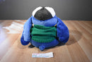 Disney Store Stitch Green Knit Snowflake Sweater and Black Bombers Hat Plush