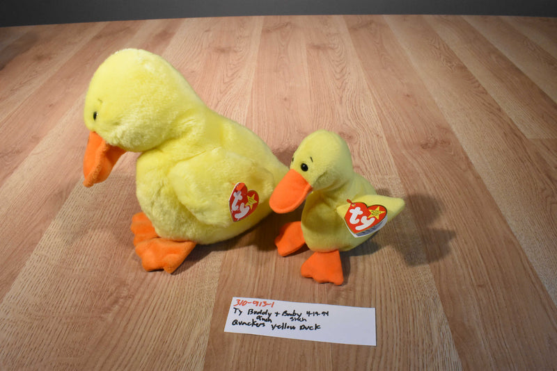 Ty Buddy 1998 and Baby 1994 Quackers Yellow Duck Beanbag Plush