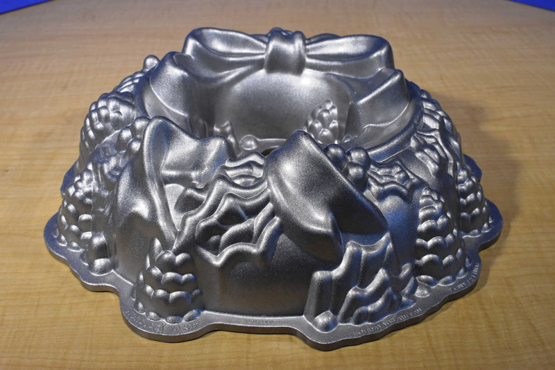Nordic Ware Holiday Wreath With Pine Cones, Holly, Bow Silver Bundt Pan