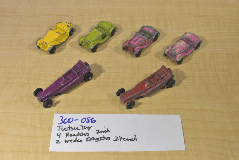 Tootsie Toy 4 Roadsters and 2 Wedge Dragsters