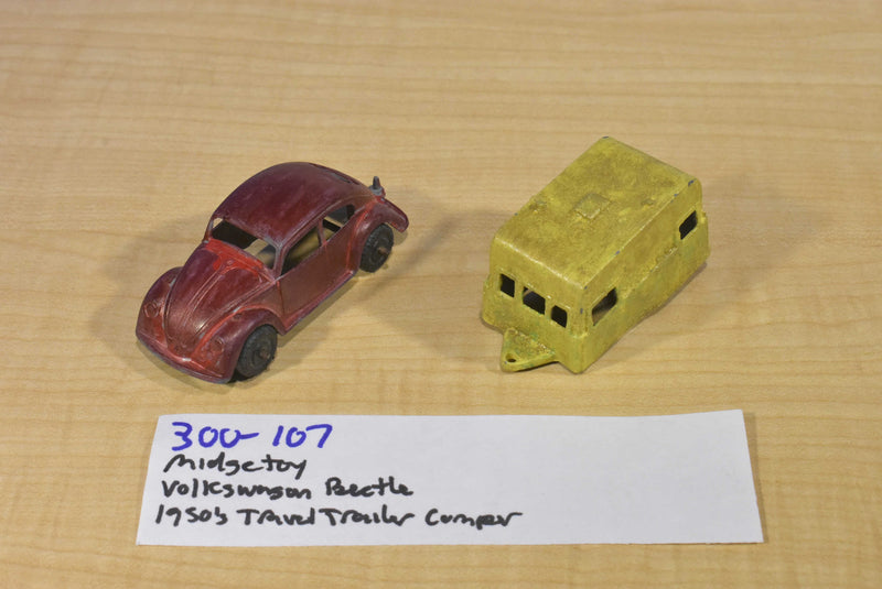 Midgetoy Red Volkswagen Beetle and Yellow 1950's Travel Trailer Camper