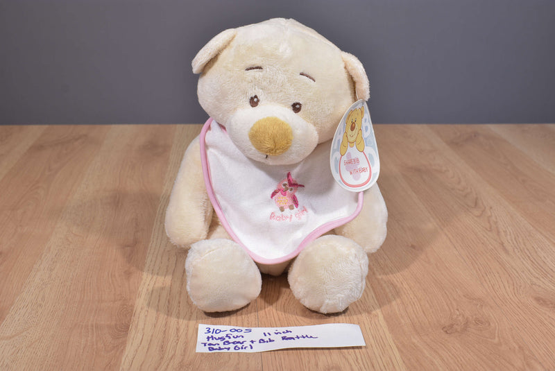 Hugfun Tan Teddy Bear and Girl Infant Bib Rattle Plush